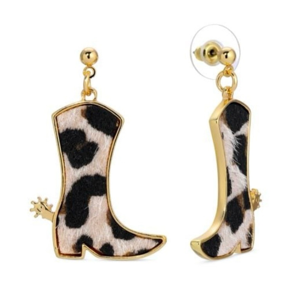 Eye Candy Cow Print Boot Pierced Earrings with Gold Accents